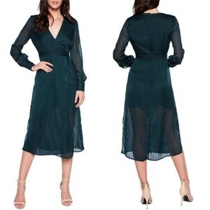 BARDOT Hunter Green Long Sleeve Shadow Stripe Faux Wrap Midi Dress Womens 4 XS